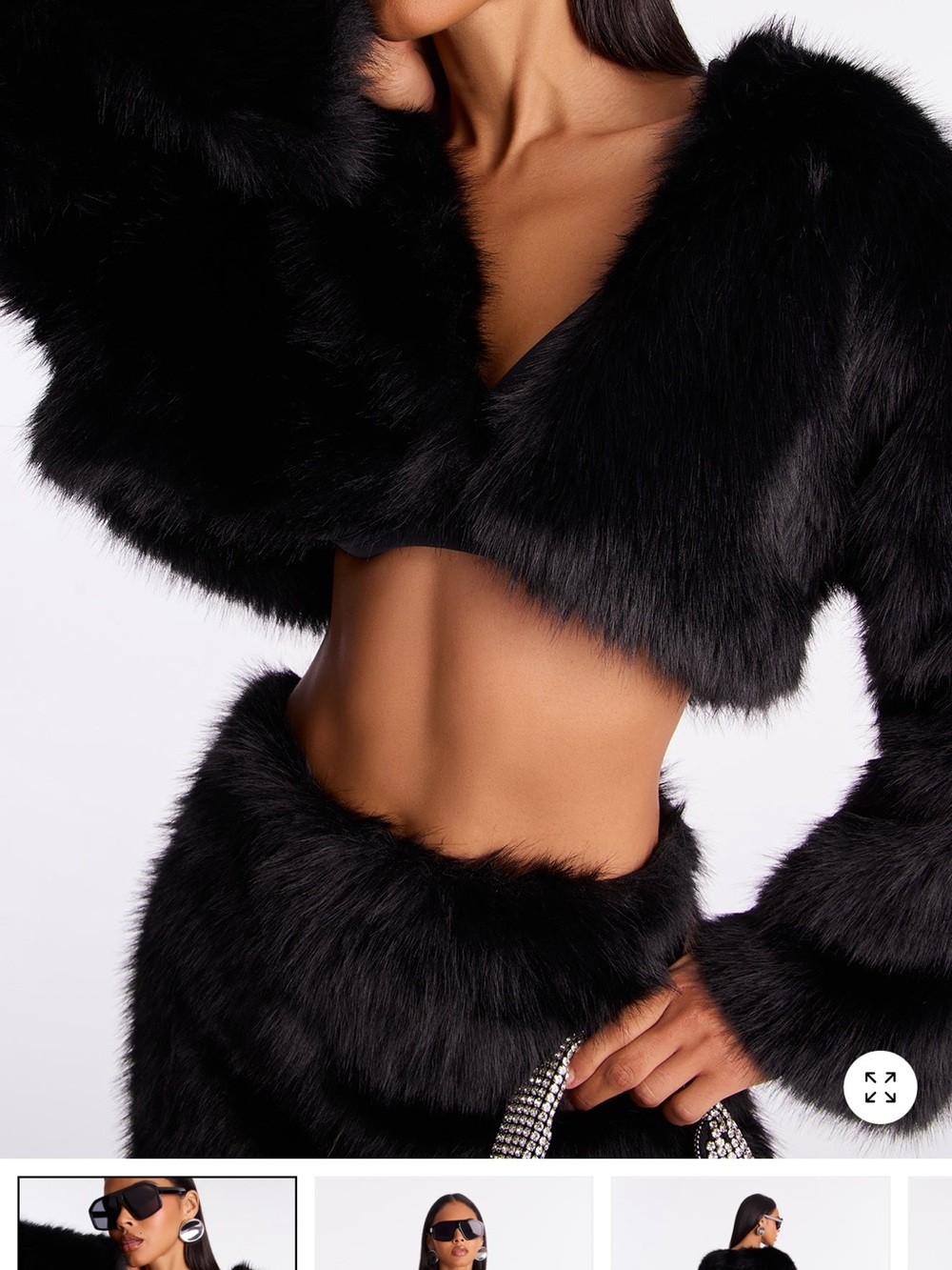 New Fashion Nova Black Faux Fur Cropped Jacket & Skirt Set
